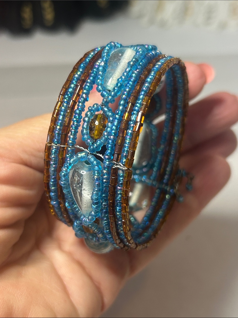 Beaded Blue and Amber Wrap Bracelet